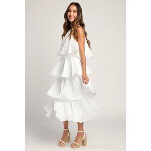 Lulus Tier And Far White Tiered Pleated Halter Midi Dress - Size M